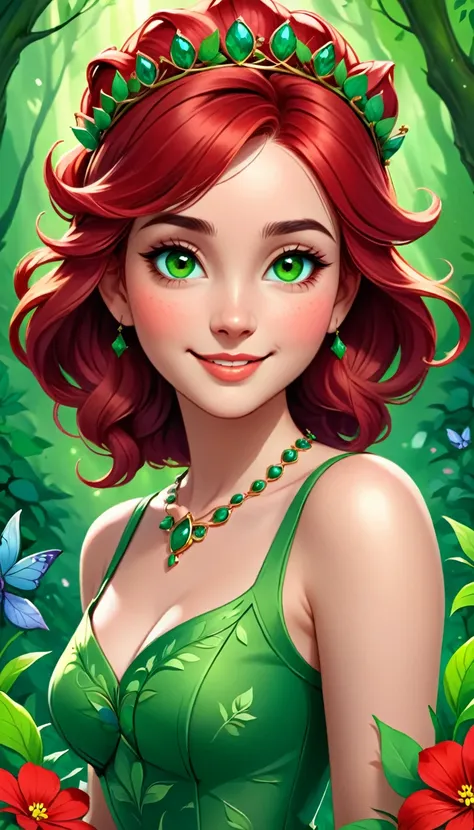 the image depicts a digital art portrait of a young woman with vibrant red hair. she is adorned with a crown of red flowers, add...