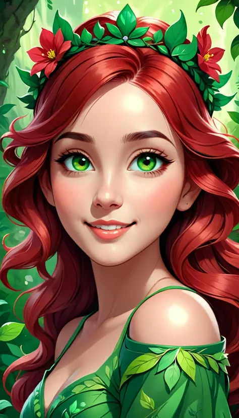 The image depicts a digital art portrait of a young woman with vibrant red hair. She is adorned with a crown of red flowers, adding a touch of nature to her appearance. Her eyes are a striking green, and she has a gentle smile on her face. She is wearing a...