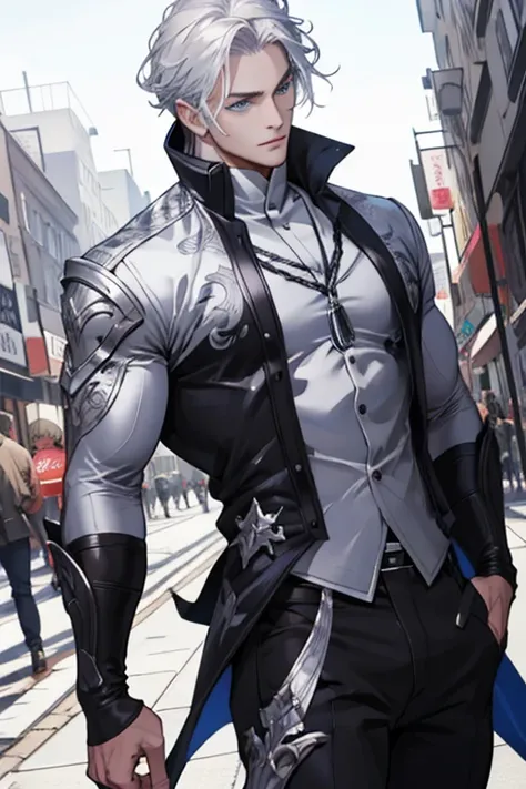 realisticlying，（best qualtiy，tmasterpiece：1.3），Delicate eyes and delicate face，Single mature male，Tall muscular man，silber hair，eBlue eyes，silver beard，Ornn is a tall man、muscular white male。His silver hair and deep blue eyes make him stand out from the cr...