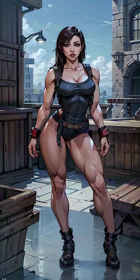 8k, best quality, masterpiece:1.2) (realistic, photo-realistic:1.37) (full body) 1female solo girl, standing, legs apart (wide stance) standing contrapposto, ultra-detailed, cute (Tifa Lockhart) Final Fantasy VII