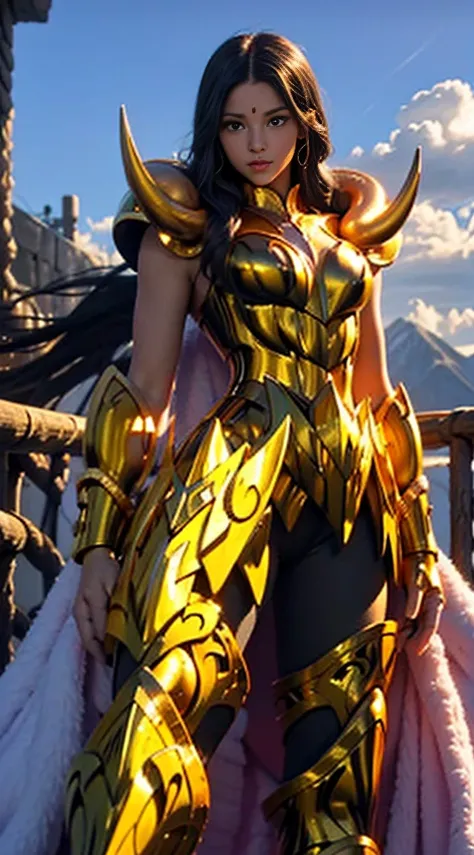 Create a high-quality image of a woman wearing full-body golden armor. She is depicted in a majestic pose, proudly standing amidst a grandiose backdrop. Her armor gleams with the brightness of gold, reflecting the sunlight streaming through the clouds. Her...