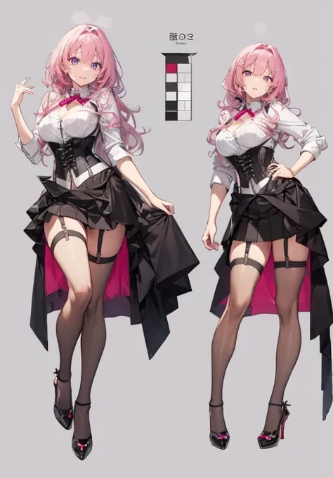 pink hair,Long hair,Adult female,Bartender,((Body harness)),((Rolling up your sleeves shirt)),(Corset),(Tight skirt),Garter belt,High heels,((Simple background)),Smile,((Full body)),((whole body)),Character Sheet,