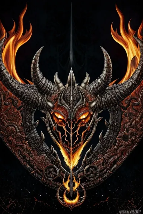 a close up of a fire and metal object with a horned head, symmetrical epic fantasy art, intricate fire designs, dagoth ur, intri...