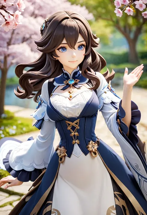 Masterpiece, best quality, 1 girl, solo, upper body, genshin impact, 1 girl, breasts, cherry blossoms, closed mouth, black long wavy hair, in a Victorian style dress, jewelry, long hair, looking at spectator, medium breasts, blue eyes,  outdoors, smile, so...