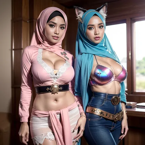 Beautiful and gorgeous Hijab Malay sexy body, morning time, smiling, happy, bright sunshine, beach, blurred background, bokeh,realistic, ultra-detailed, big breast, malay, The whole body consists of a young girl with hijab Kimono, Eye makeup, 38 year old, ...