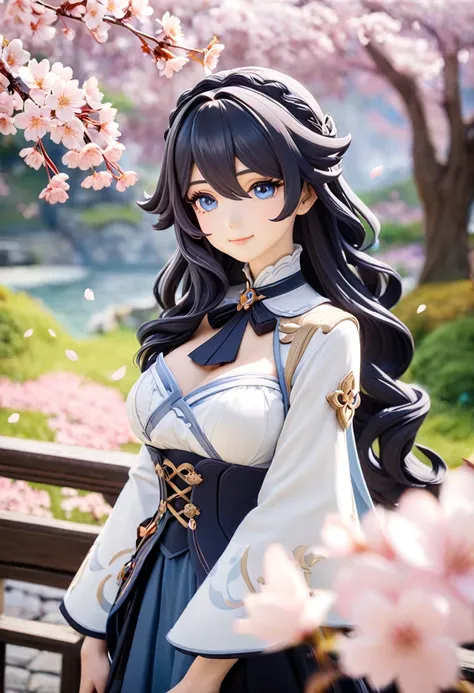 Masterpiece, best quality, 1 girl, solo, upper body, genshin impact, 1 girl, breasts, cherry blossoms, closed mouth, black long wavy hair, in a Victorian style dress, jewelry, long hair, looking at spectator, medium breasts, blue eyes,  outdoors, smile, so...