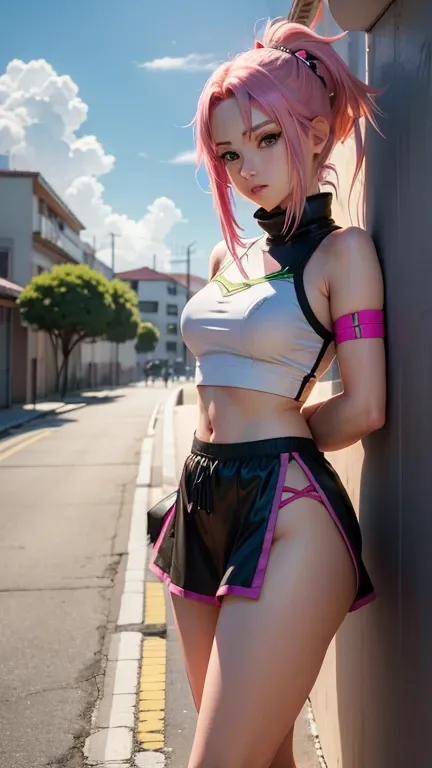 18 year old anime girl with pink hair and green eyes posing for a photo., sakura haruno, mejor fondo de pantalla de anime 4k konachan, chica anime seductora, marin kitagawa fan art, sakura petals around, salpicadura de anime , estilo anime 4k, Moe anime ar...