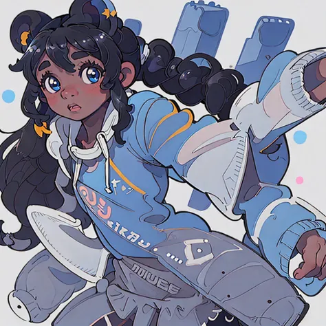 Best Quality, masterpiece, dark skinned girl, solo, long white pigtails, white background, ((long white pigtails)), blue eyes, ((dark skin 1:1)), dark skin, straight bangs, blushing, light blue oversized track jacket, ((bear ears)), 1girl, ((solo)), ((1gir...