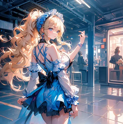 a beautiful 20 year old blonde woman with big messy hair in a blue dress, white stockings, black headband, cleavage, holding a glowing mushroom, fantasy art style, rossdraws cartoon vibrant, alice x. zhang, alice in wonderland cyberpunk, cute detailed digi...