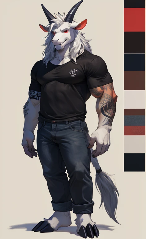 Azazel, A pure white"goat", full body, red eyes , tattoo on neck, grin, smuggle, jeans and black shirt. Anthropomorphic, furry character, "white goat" ,character design, goat character,cloven hoof, short hair, muscles, male, full body , simple foggy backgr...