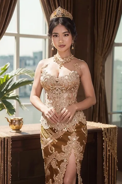 A queen, 1 Javanese woman, charming face

Don a royal green kebaya with a high neckline.
Adorn a tiara or crown with intricate gemstones.
Concept: Channel an aura of regal sophistication with strong, charming poses, half body shots.
RAW photoshots, masterp...