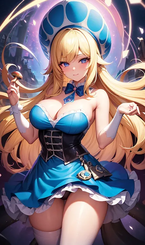 a beautiful 20 year old blonde woman with big messy hair in a blue dress, white stockings, black headband, cleavage, holding a glowing mushroom, fantasy art style, rossdraws cartoon vibrant, alice x. zhang, alice in wonderland cyberpunk, cute detailed digi...