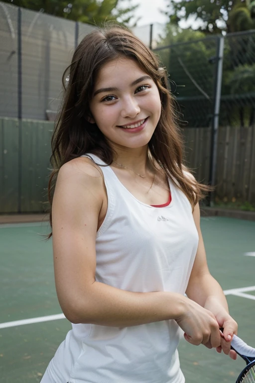 ((best quality)), ((masterpiece)), (detailed), 14 year old beautiful girl smiling while playing tennis