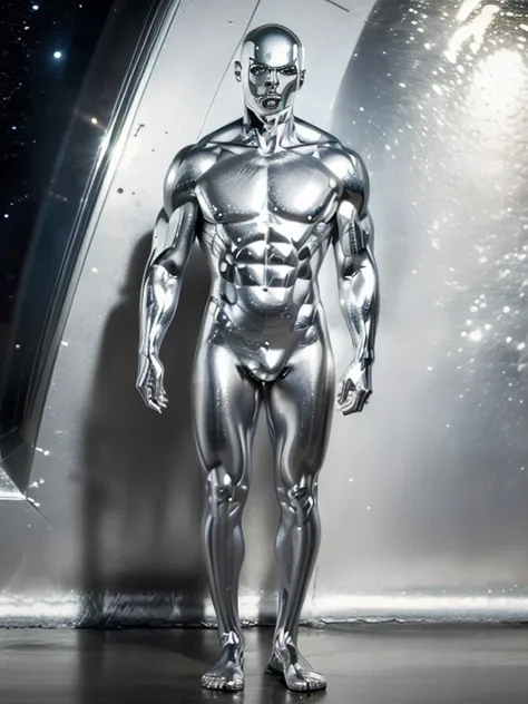 Photorealistic image ((masterpiece)), ((high quality)) UHD 8K of 1boy, alone, realistic silver surfer, tall and thin, silver eyes, ((silver skin)), hyper-realistic, shiny silver, ((no hair, bald)), in space, surfing on a silver surfboard, (((full body view...