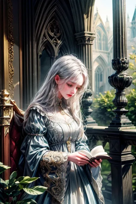 (absurdres, highres, ultra detailed, HDR), masterpiece, Intricate details,best quality of old book, detailed outside garden night cathedral scenery, 1girl, solo, mature, Baroque, long dress, long sleeve, elegant, colorful, highest detailed, upper body, gir...