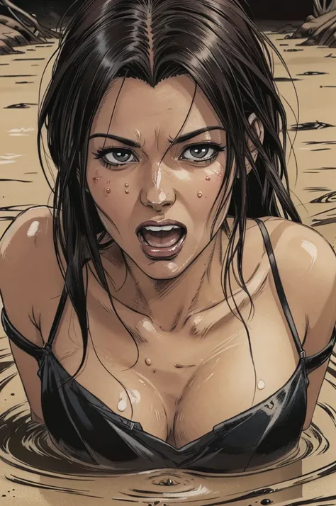 close-up portrait, An anime mature woman head with black hair, orgasm expression, completely drowned in quicksand:1.3, dress, tattoo, hard breath, sweat