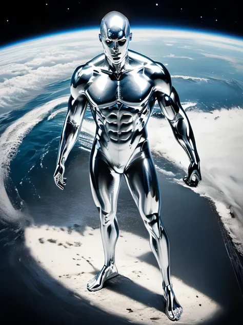 Photorealistic image ((masterpiece)), ((high quality)) UHD 8K of 1boy, alone, realistic silver surfer, tall and thin, silver eyes, ((silver skin)), hyper-realistic, shiny silver, ((no hair, bald)), in space, surfing on a silver surfboard, (((full body view...