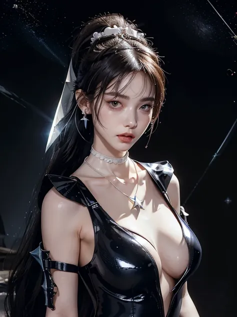 best quality, masterpiece, Ultra-high resolution, lifelike, (panoramic:1.5), (1 girl),(Long hair,Tied into a very long ponytail),(Hair accessories:1.4),There are many chains around the girl binding her,whole body黑丝,Black Focus, Good shape, whole body，Rando...