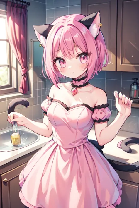 (pink eyes, anime style, pretty girl, short pink hair, purple prom dress, cat ears, 8k, hi-res, earrings, princess tiara, vivid colors, professional lighting, dreamy atmosphere, kitchen, washing dishes, sink, running water)