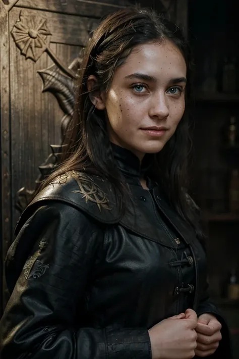 Shireen Baratheon is an ugly girl of 9 years, blue eyes, a large jaw, large human ears, left side of face greyscale, big black skin spots, blemish, sad smile, short black hair, medieval clothes, no armor, on the background her coat of arms: A black stag en...