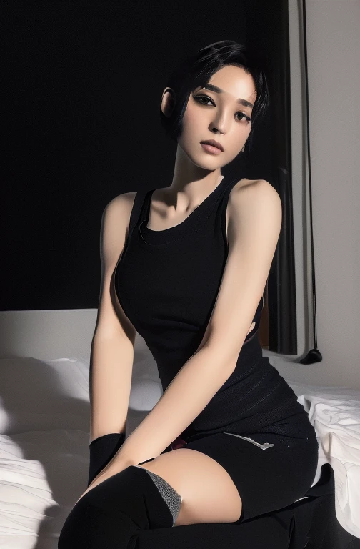 ((Top Quality, 8k, Masterpiece: 1.4)), japanese woman, ((very short cut, skinny:1.4)), ((30 years old:1,0)), ((looking at viewer:1.4)), inside bedroom, ((black kneehighs, black tank top:1.4)), 