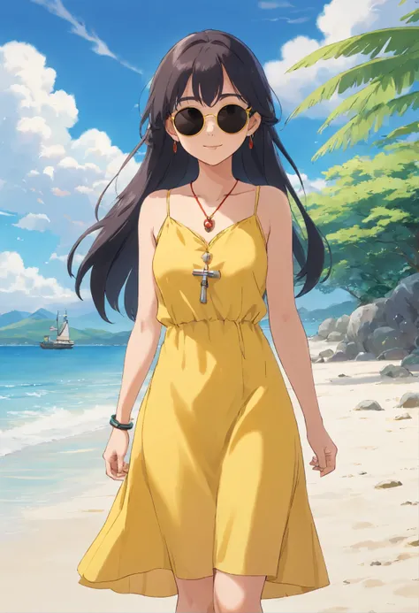 Full body photo of a Filipina woman wearing blacked out sunglasses in a yellow dress, standing on the beach under a blue sky and white clouds with clear water by the seaside. She has long black straight hair, a necklace hanging from her neck, wearing a whi...