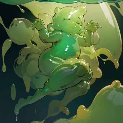 Humanoid slime, translucent body, green, see-through, gelatinous, fat