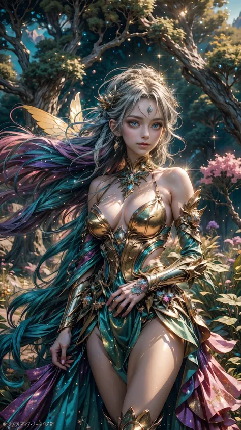 A beautiful fairy glitter Woman, anime style. walking through a vibrant glittering wonderland, showcasing the womans rainbow glitter hair and sparkling, golden ornament. Every tree and mountain in the landscape is meticulously rendered, from the sugary tre...