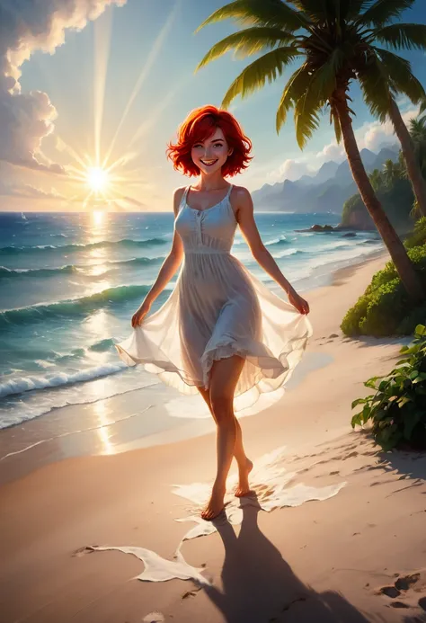 impasto,(by black roses),(By dino:0.8),((white theme)), from above,1girl, solo, full body, smile, (red hair), ahoge, short hair, white short sundress, Bare feet, outdoors, (sea), (beach), (horizon), (sunset), (the breeze blew), coconut tree, (twilight), (d...