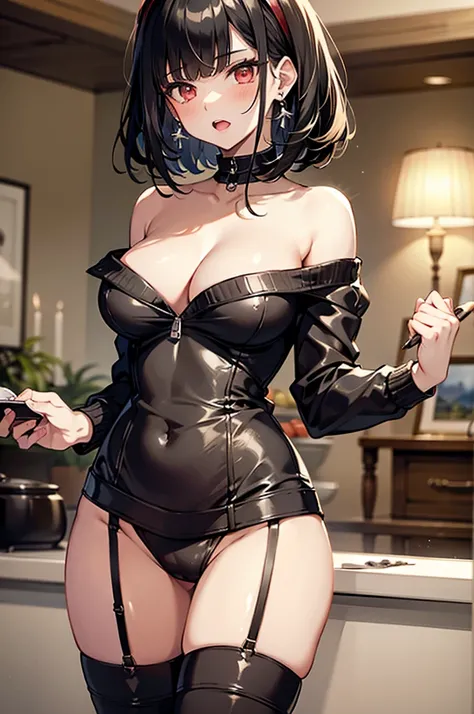 masterpiece, yor, 1girl, Amazing Cleavage:1.3, thin waist, big ass, Raised sexy, medium breast: 1.3 posed cleavage:1.2、solo, looking at viewer, open mouth, have a cup of coffee,black hair, red eyes, dress, bare shoulders, jewelry, collarbone, sidelocks, ha...