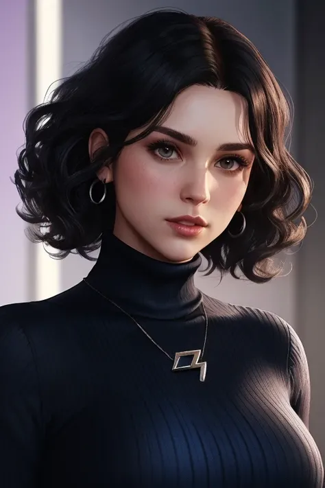 Free Fire game-style female character, with curly black hair with a few loose strands on the side, with her face slightly to the left, with a black turtleneck blouse written "GIRLENE", with a lilac background with blue lightning