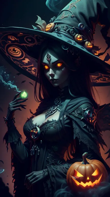 halloween, a woman in a black outfit holding a green orb of smokesitting on a scary pumpkin, necromancer sorceress, beautiful ne...