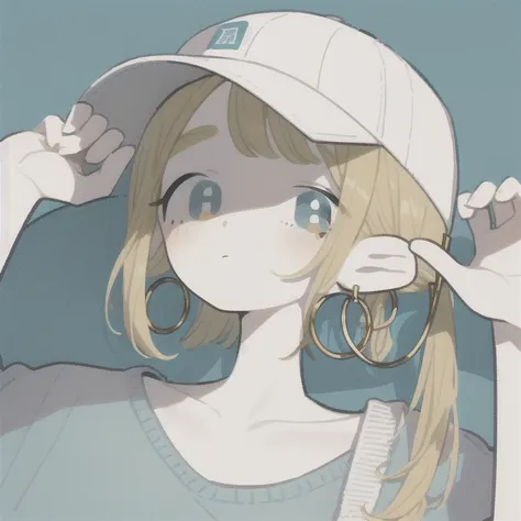 masterpiece, highest quality, one girl, aqua eye, baseball cap, blonde, earrings, blue background, have, hoop earrings, jewelry,...