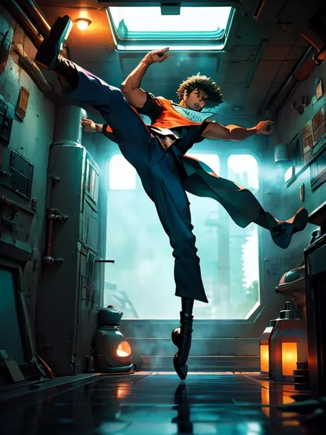 1 male, spike spiegel,  en una nave en el espacio, enfoque masculino, pantalones, torso desnudo, high kick, dynamic, hermosa pos...