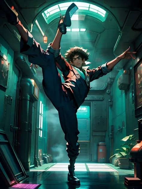 1 male, spike spiegel,  en una nave en el espacio, enfoque masculino, pantalones, torso desnudo, high kick, dynamic, hermosa pos...