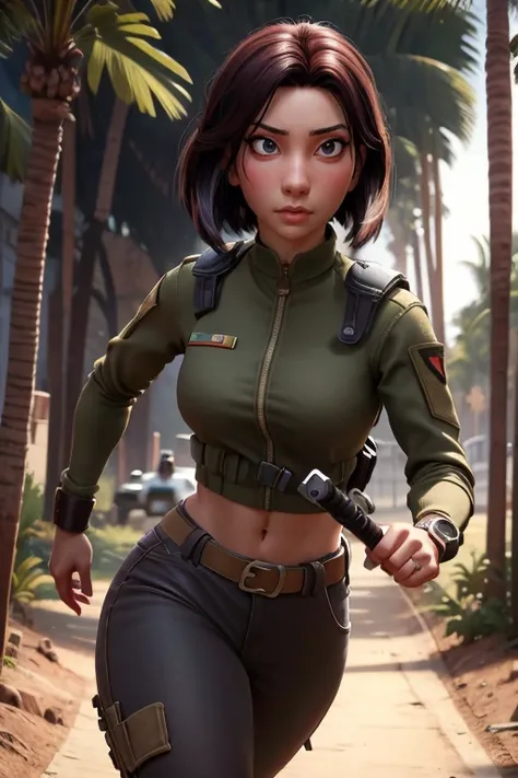 Beautiful and fearless female soldier, cuerpo en forma, top militar, hombros descubiertos, pelo rubio oscuro, brazo del tatuaje, sosteniendo un arma grande, corriendo en la jungla, cara con todo detalle,  ojos asesinos, Alto detalle, realista, Calidad de l...