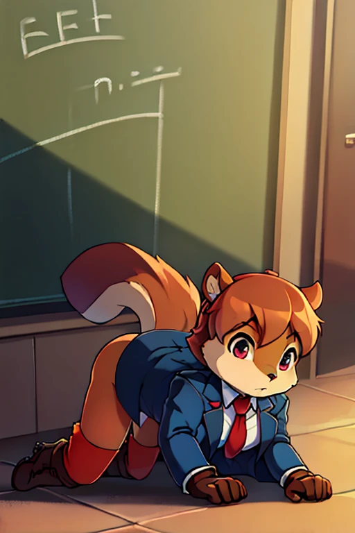 boy, squirrel, furry, bodyfur, blazer, bottomless, color tights, gloves, boots, all fours, school, school bag