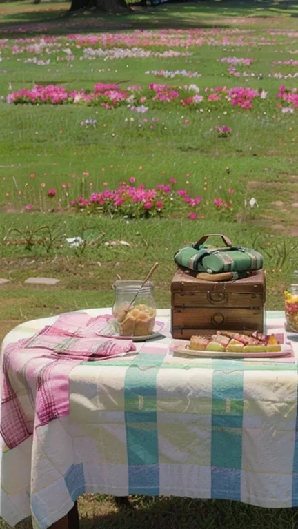 um piquenique em um parque, the picnic blanket is pink checkered and has food on top of the blanket, frutas, salgadinhos, bolos, sandwiches and juices on the tablecloth, also has three bibles, duas abertas e uma fechada. 