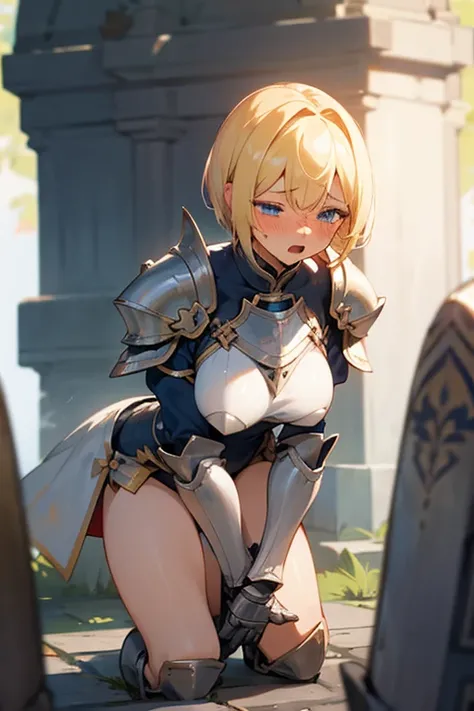 Only One Woman、Blonde、Blue eyes、short hair、Large Breasts、female knight、Wearing white armor、Black underwear、Is urinating、Leaning forward、Align inner thighs、Crouching、Place your hands on your crotch、Close ~ eyes、Embarrassing、shortness of breath、Open your mou...