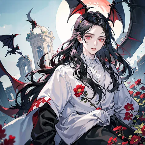 Young man, man, effeminate face, long wavy black hair, black clothing, red eyes, white flowers and red flowers, modern clothing, really pale white skin, greenery, ruin, bat, abandoned place, light, moon, whole body, ruined castle, ruined building, moonligh...