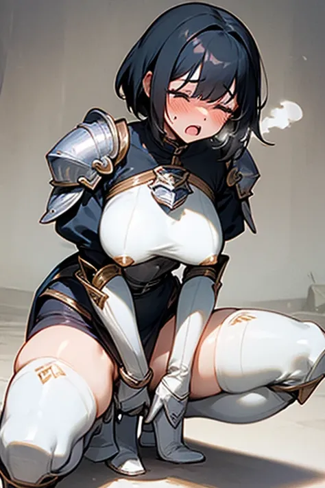 Only One Woman、Black Hair、short hair、Large Breasts、female knight、Wearing white armor、Black underwear、Wearing stockings、Is urinating、Leaning forward、Align inner thighs、Crouching、Place your hands on your crotch、Close ~ eyes、Embarrassing、shortness of breath、O...