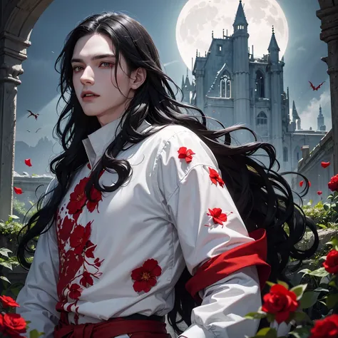 Young man, man, effeminate face, long wavy black hair, black clothes, red eyes, white flowers and red flowers, modern clothing, really pale white skin, greenery, ruin, bat, abandoned place, light, BLOOD, moon, whole body, ruined castle, ruined building, mo...