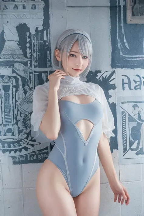 ((high quality)),Tabletop,(Detailed depiction of the local area:1.2),One Girl,blue eyes,Small breasts,Slim woman、Mouth closed,eyelash,View your viewers,Portraiture,alone,Gray Hair,White Theme,short hair,Silver Hair,hair band,Yoruhano. 2 Types、whole body、fr...