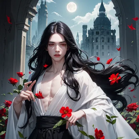 Young man, man, effeminate face, long wavy black hair, black clothes, red eyes, white flowers and red flowers, modern clothing, really pale white skin, greenery, ruin, bat, abandoned place, light, BLOOD, moon, whole body, ruined castle, ruined building, mo...