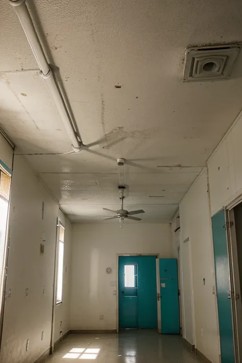 make the ceiling of a neglected hospital room, con una luz fria en el centro, que solo se vea el techo y que la imagen sea onirica