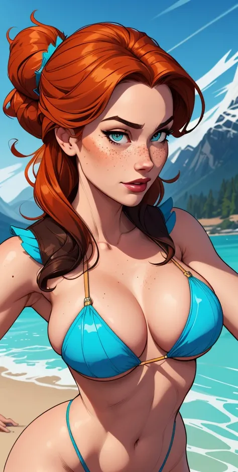 Beautiful portrait mode pose Cartoon character in dynamic pose two women together with freckles on their faces Disney princess Queen Anna of Arendelle with 1,60cm on the left and together with a symmetrical body and beautiful breasts, corpo bem definido, d...