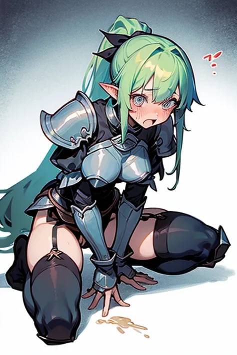 Only One Woman、Light green hair、Long Hair、ponytail、Sharp, pointed ears、Large Breasts、female knight、Wearing black armor、Wearing stockings、garter belt、Urinating in the castle、Leaning forward、Spread your legs、Crouching、Place your hands behind your head、Embarr...