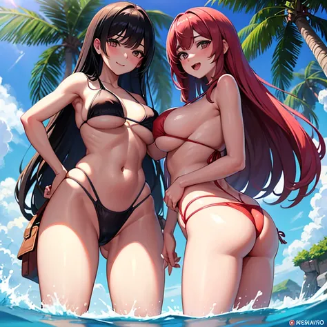 Obra maestra,mejor calidad,high resolution,ultra-DetaileD,bbromin,pelo largo,cola de caballo,swimsuit,bikini,bikini rosa,miDriff,pareo de malasia,falda blanca,playa,:D,brazos_behinD_Back,propensity_forwarD, big breasts