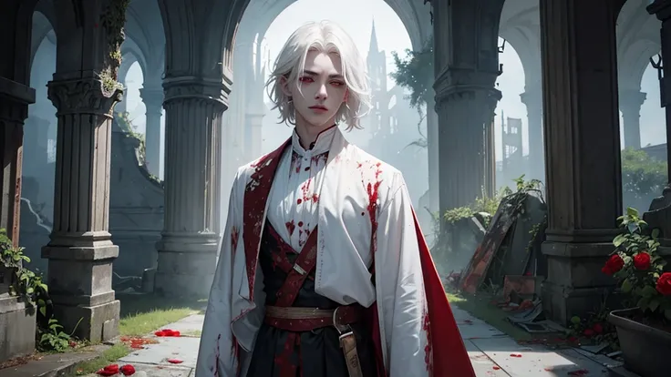 Young man, slightly effeminate face, short wavy white hair, dark clothing, red eyes, white and red flowers, modern clothing, really pale white skin, greenery, ruin, bat, abandoned place, ITS NIGHT, its dark, its NIGHT, BLOOD, blood on the lips, two moons, ...