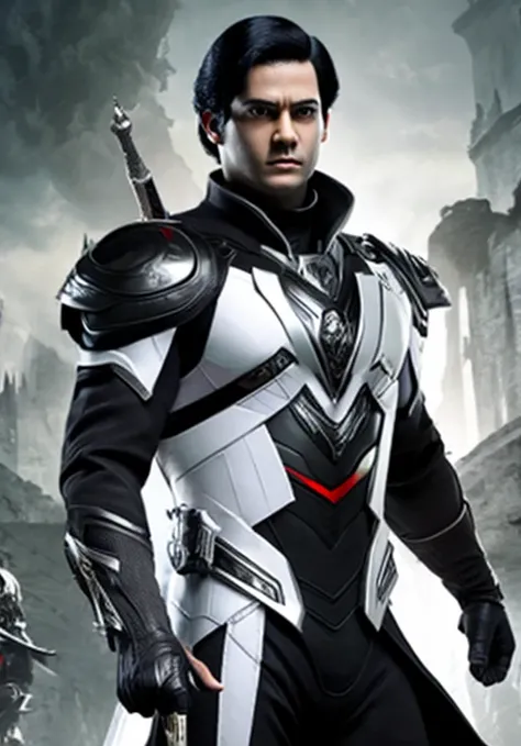 Man black hair, black eyes, White war suit, black gloves and light sword